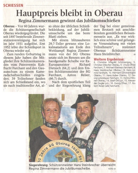 Artikel im Garmisch-Partenkirchner Tagblatt &uuml;ber das Jubil&auml;umsschie&szlig;en mit Foto von Regina Zimmermann mit Hans Steinbrecher bei der Siegerehrung