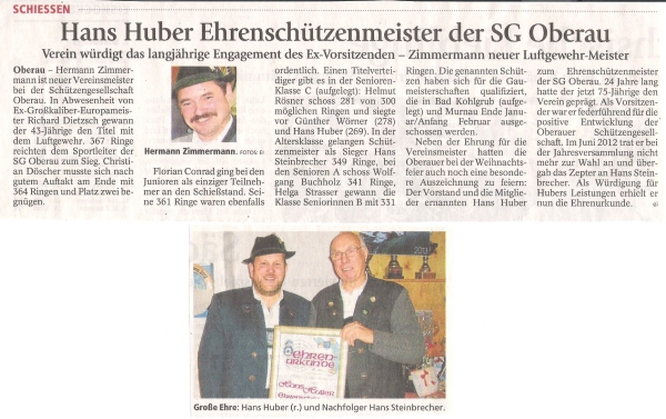 Artikel im Garmisch-Partenkirchner Tagblatt &uuml;ber die Vereinsmeisterschaft mit Foto von Hermann Zimmermann und Foto von Hans Huber mit Hans Steinbrecher bei der Ernennung zum Ehrensch&uuml;tzenmeister