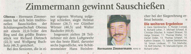 Artikel im Garmisch-Partenkirchner Tagblatt &uuml;ber das Sauschie&szlig;en mit kleinem Foto von Hermann Zimmermann, einem der Sieger